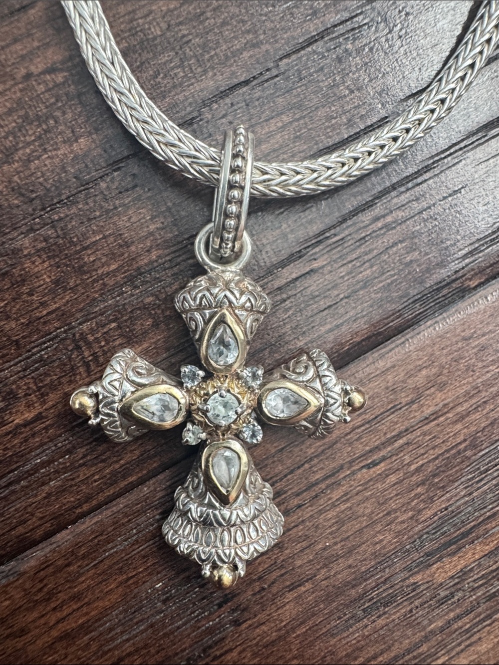 Barbara Bixby Cross Pendant Necklace Sterling Silver White Topaz 18k Gold - Picture 7 of 9